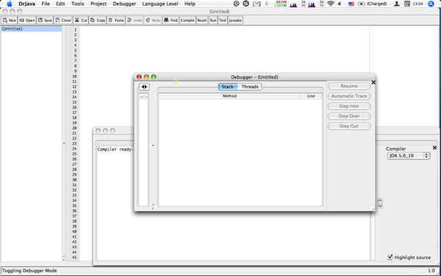 DrJava on Mac, menu bar with debugger