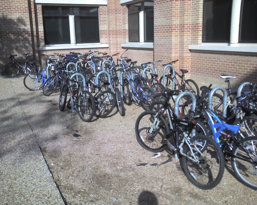 Overfull Duncan Hall Bike Rack, 9:15 AM