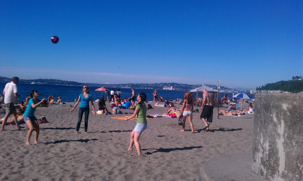 Alki Beach in July 2011. Same amount of Space Needle, many more women in bikinis.