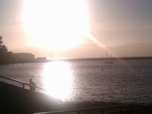 Golden Gate Bridge barely visible in the glare