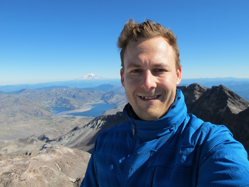 At the summit of Mt. St. Helens. That's Mt. Rainier in the background.