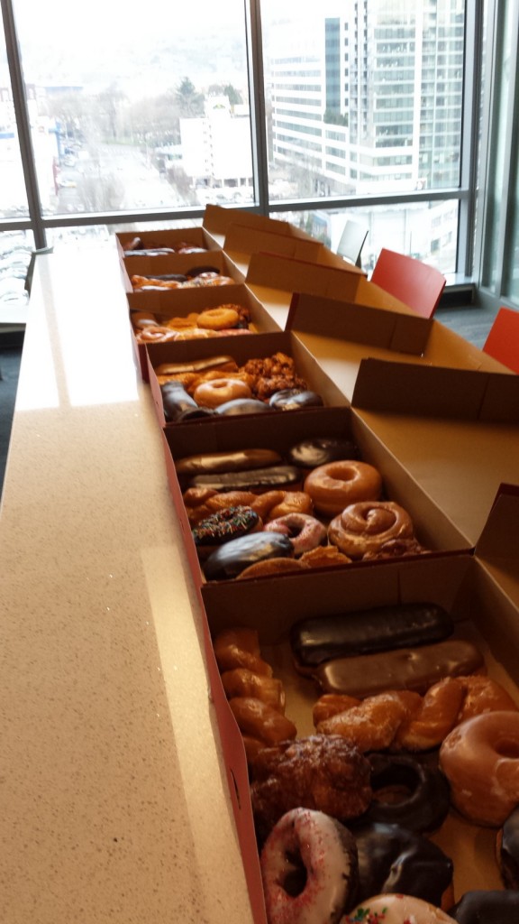 Six dozen donuts for my three-year work anniversary.