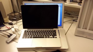 13" MacBook Pro for work on top, my own 15" dissertation MacBook Pro on the bottom.