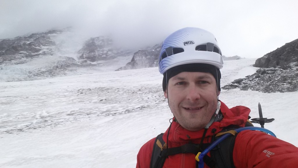 Windy, with snow flurries, on the way up to Camp Muir.