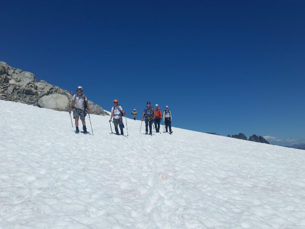 Still above the Inspiration Glacier. Instead of roping up and crossing the glacier near the big crevasses, we descended a short portion across rock instead.