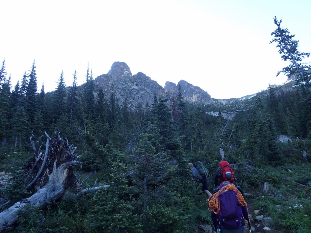 On the way to South Early Winters Spire. From left to right, Liberty Bell, North Early Winters Spire, South Early Winters Spire.