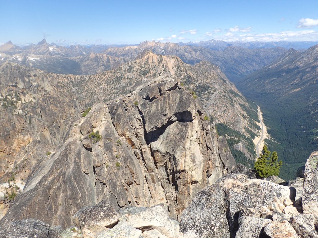 View of North Early Winters Spire from the summit of South Early Winter Spire, high above the North Cascades Highway.