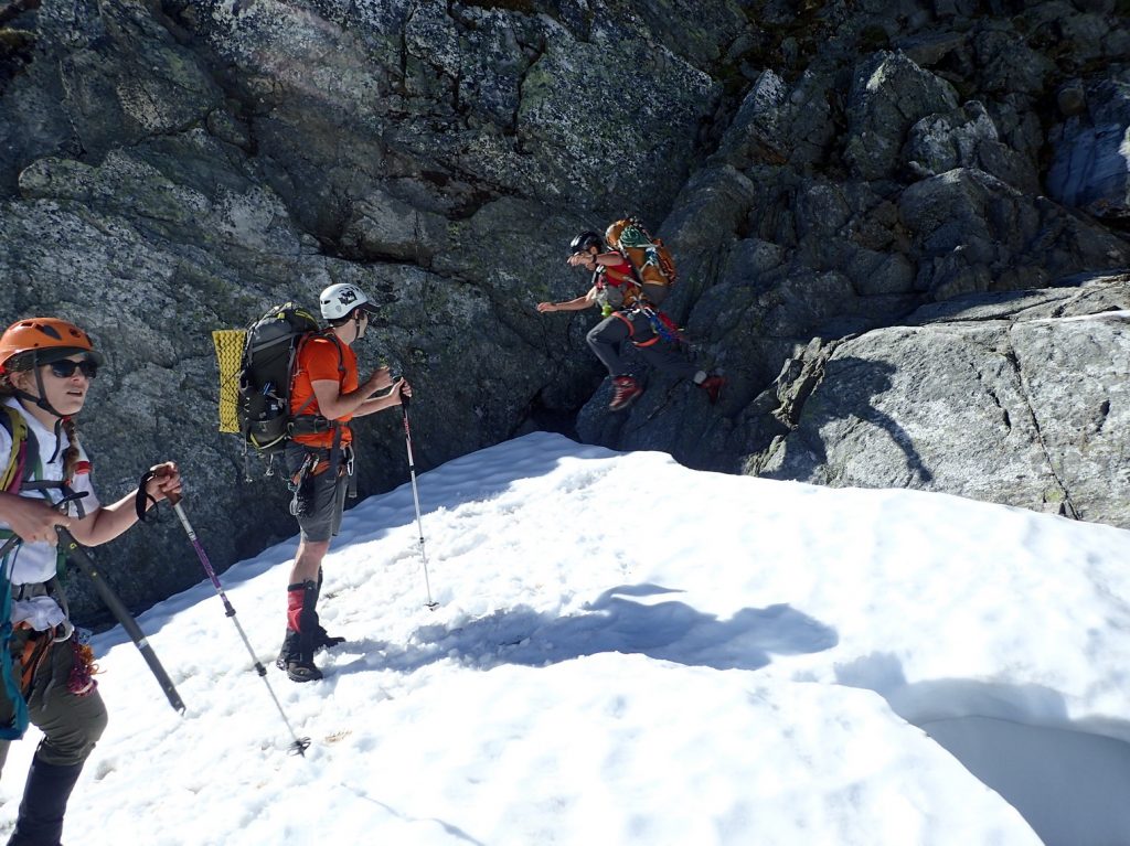 Jumping onto the Inspiration Glacier near Point 7292.