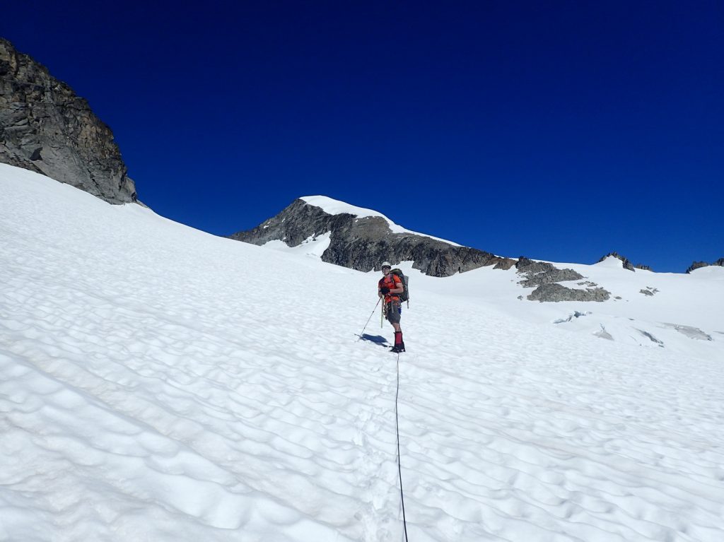 On the Inspiration Glacier, with Eldorado Peak in the background.