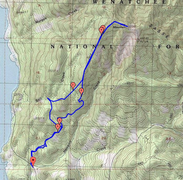 Approximate route to the summit and back. We went clockwise. The part just west of Point 3501 was the hardest part.