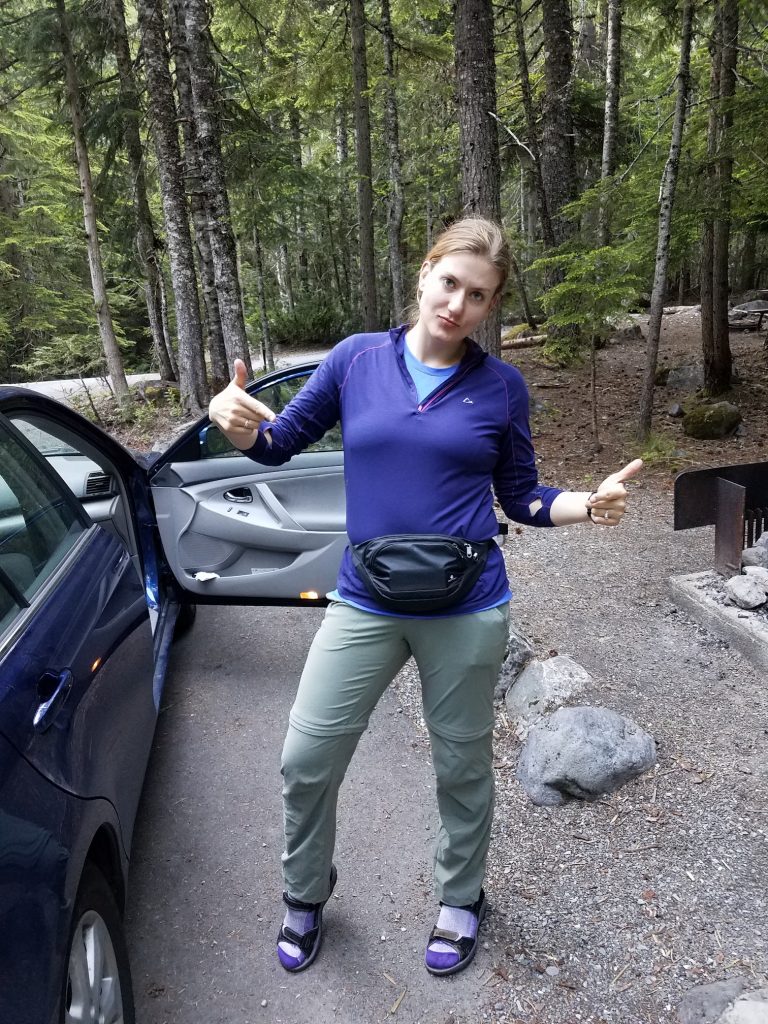 Jenny at our camp site on Friday, excited about her fanny pack.