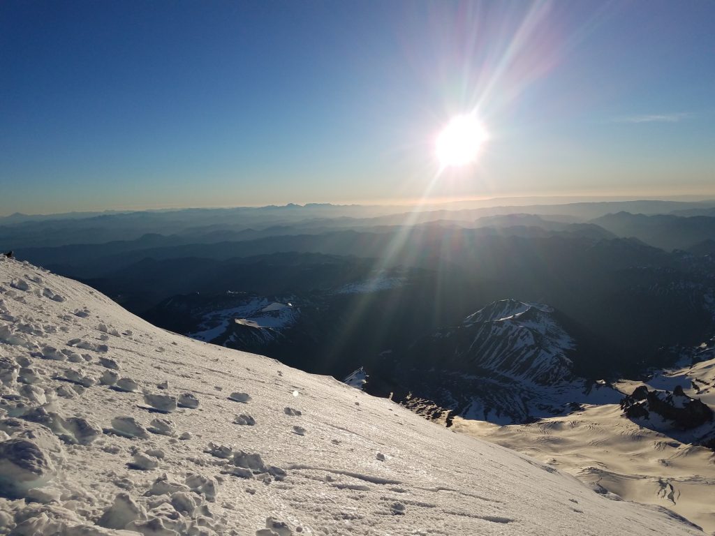 It was getting pretty hot. I'm pretty sure the dark peak in the foreground on the left is Mount Ruth.