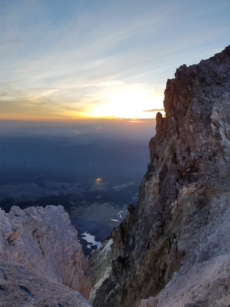 Summit block of Mount Hood at sunrise.