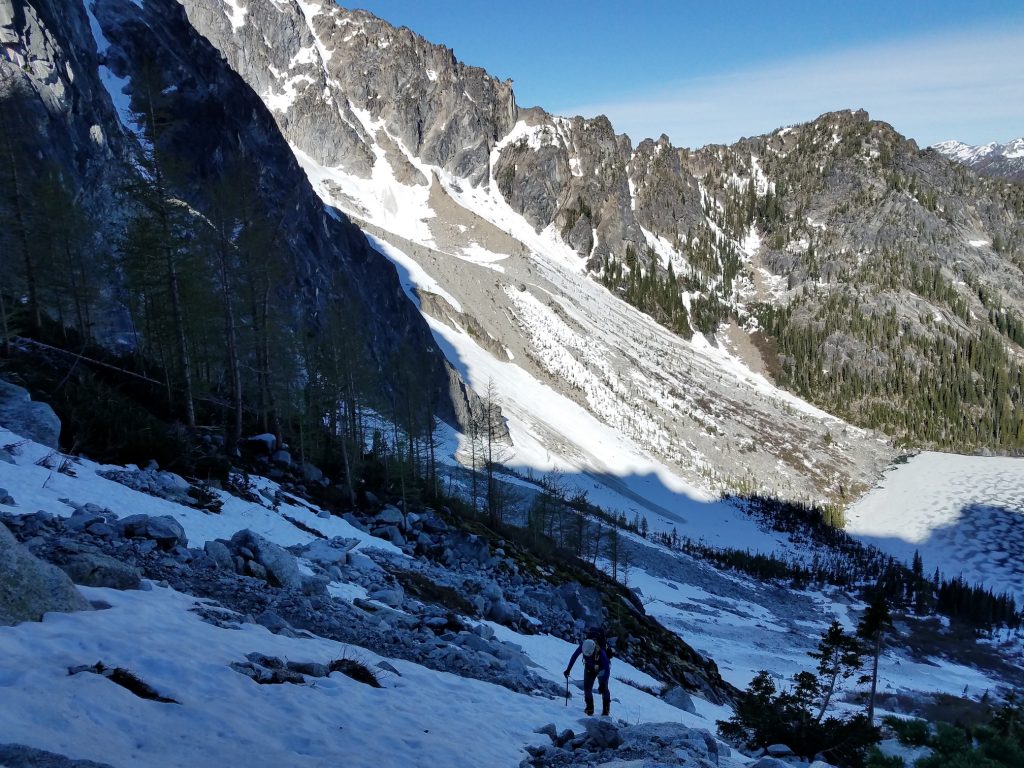 Hiking up the lower slopes of Aasgard Pass.