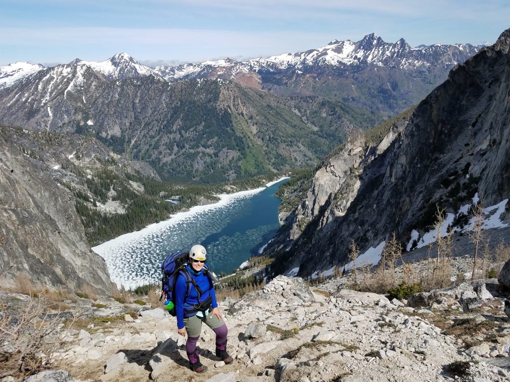 Scrambling near the top of Aasgard Pass.