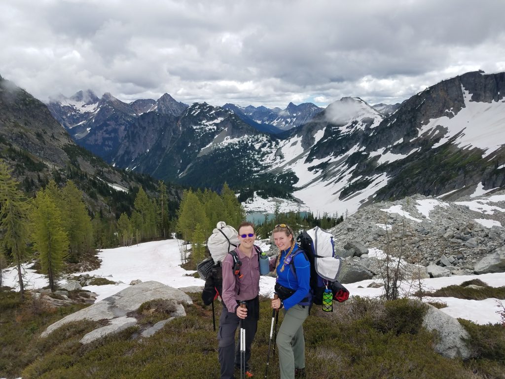 Above Lewis Lake in the North Cascades, on our way to camp below Black Peak.