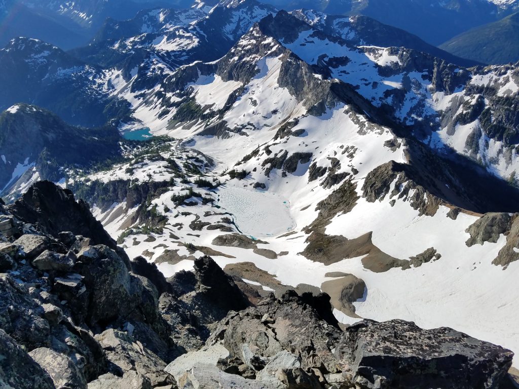 View from the summit of Black Peak, high above Wing Lake.