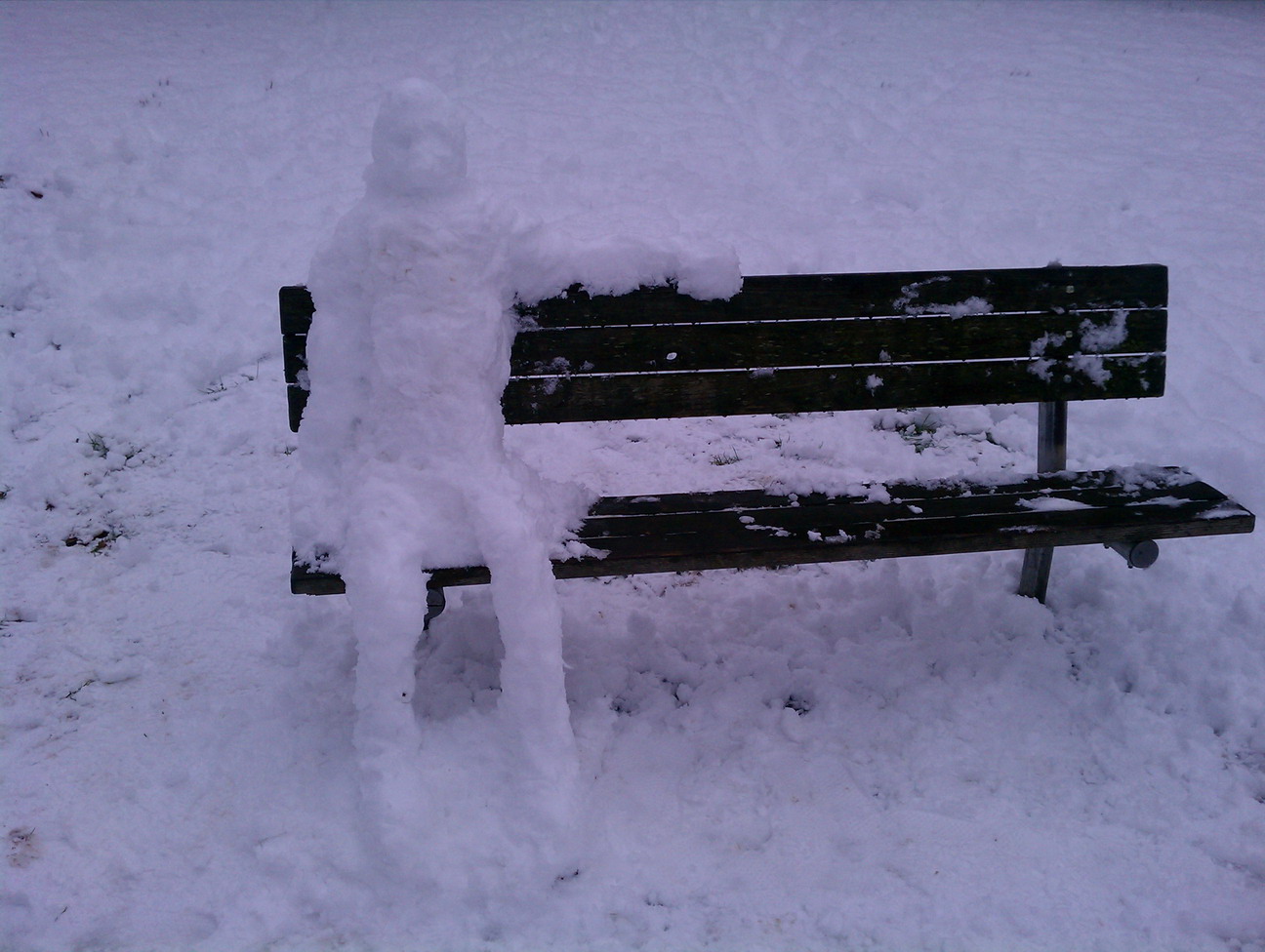 Seattle snow, 2012-01-15, snowman on a bench.